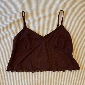 Brown Sheer Lettuce Hem Camisole Tank Top